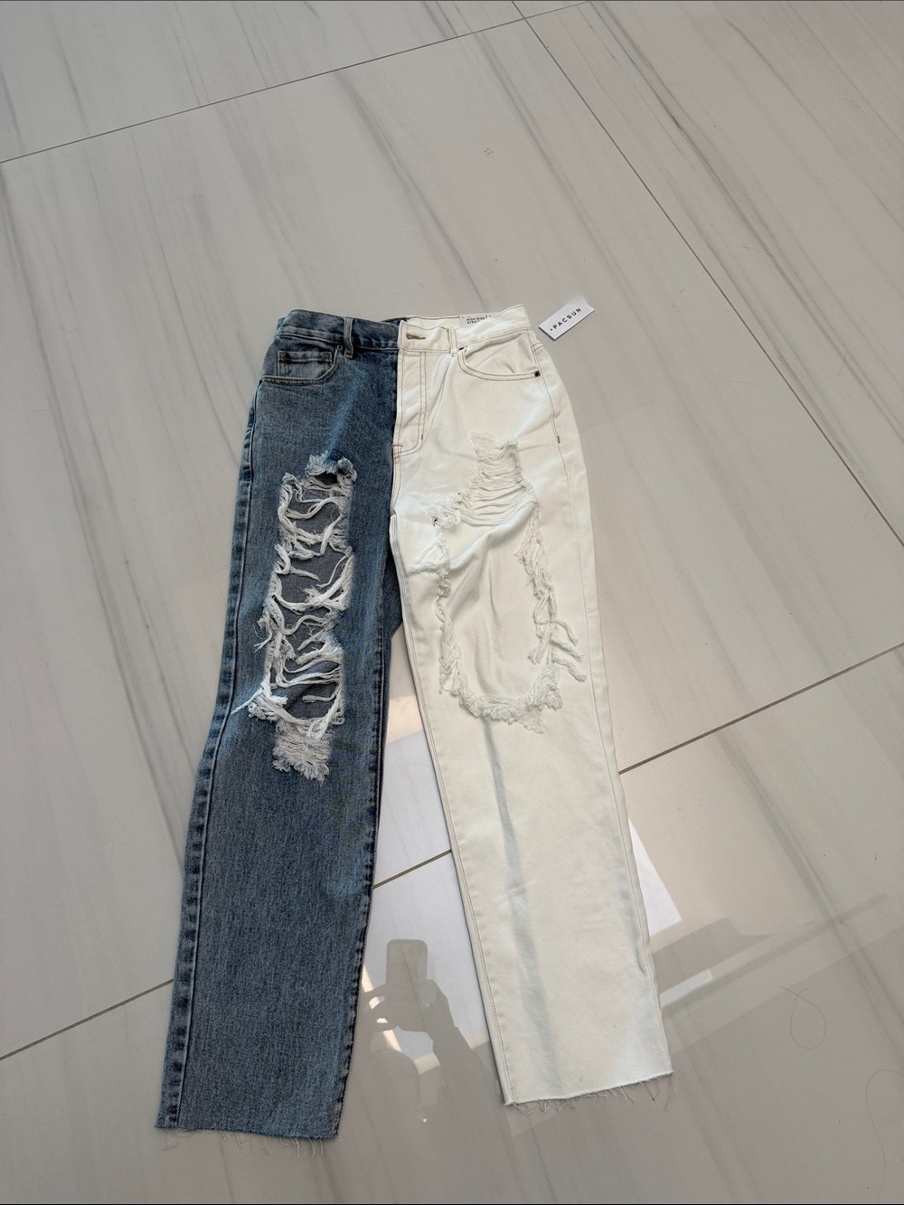 PacSun Two-Tone Straight Leg Jeans in White & Blue Denim